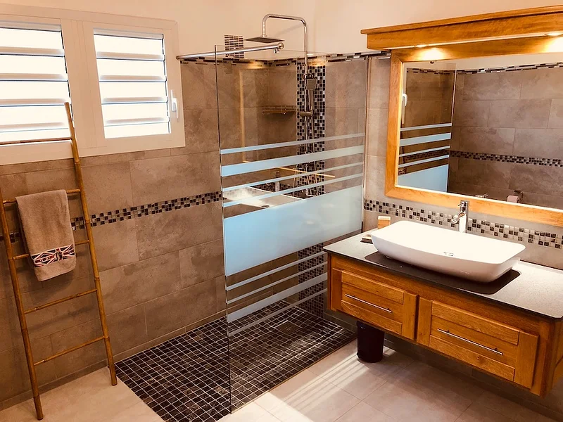 La salle d'eau de la chambre Confort 1, sa vasque et sa douche à l'italienne